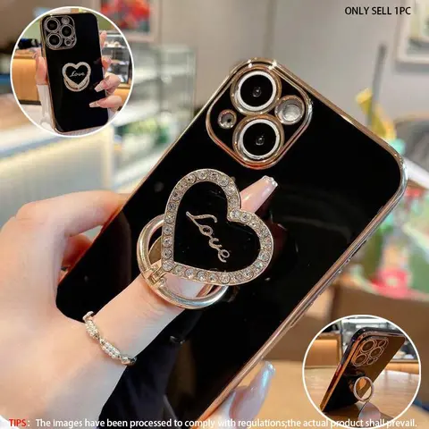 Foldable Heart Shaped Diamond Embedded Finger Ring Stand Case, Shockproof Durable Phone Protective Cover, Phone Accessories Compatible with iPhone 17 16Pro Max 15Pro Max, Stylish Protective Cover