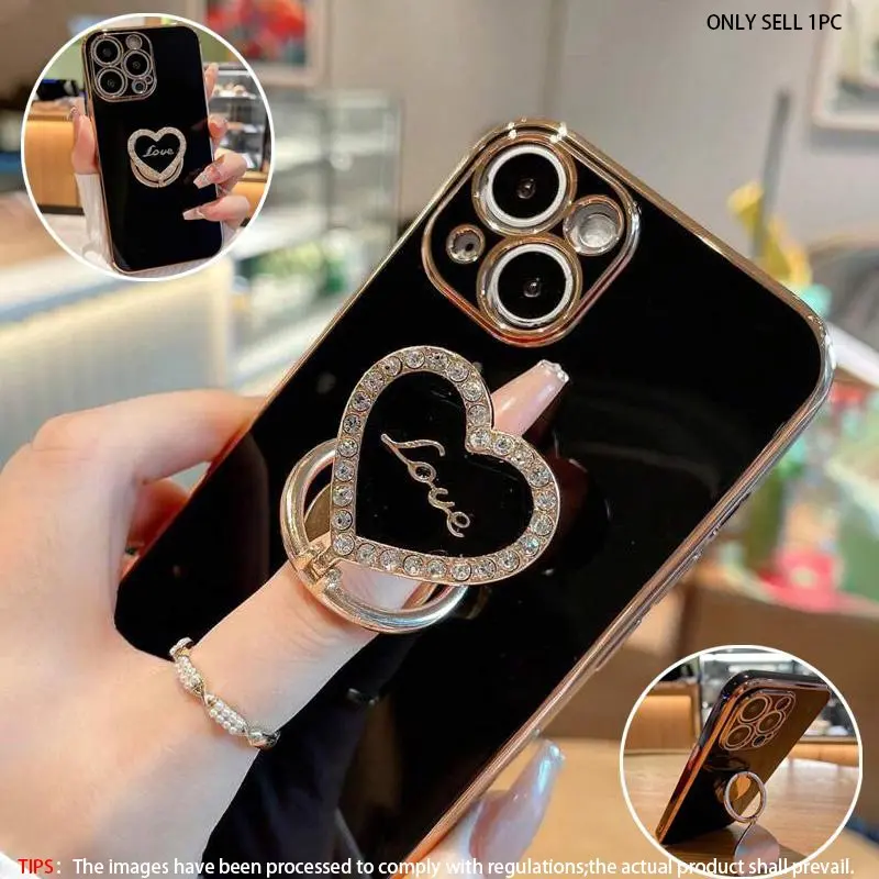 Foldable Heart Shaped Diamond Embedded Finger Ring Stand Case, Shockproof Durable Phone Protective Cover, Phone Accessories Compatible with iPhone 17 16Pro Max 15Pro Max, Stylish Protective Cover
