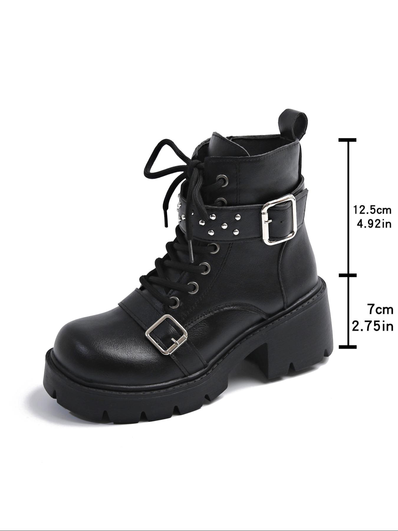 Classic platform ankle boots for women, studded buckle decoration, combat boots, four season zipper short boots, British boots, thick heels, punk high heels, motorcycle boots