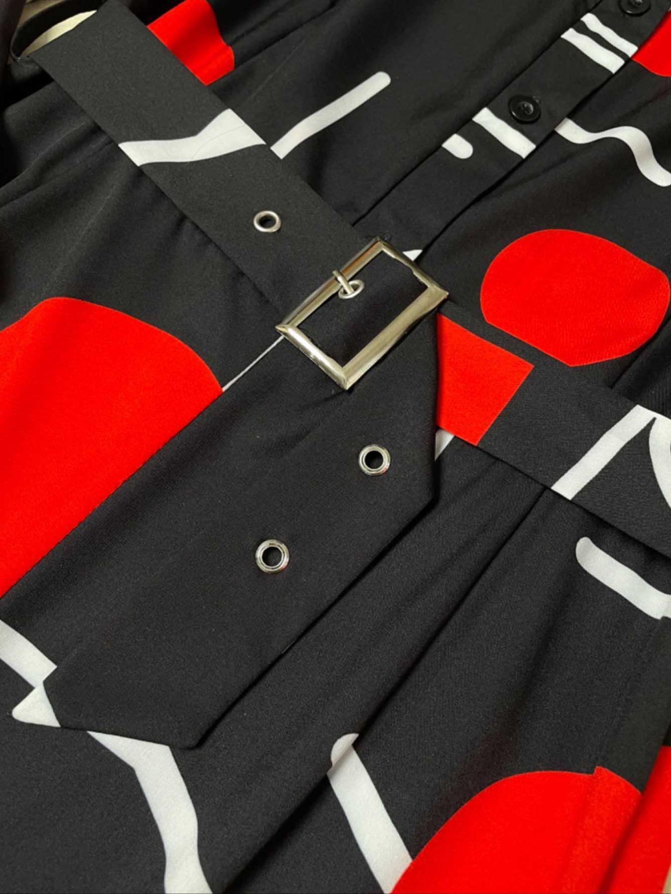 Women's All Over Geometric Print Buttons Belted Wide Leg Jumpsuit, Casual Basic Jumpsuit, Elegant Casual Long Sleeve Collared Jumpsuit for Spring & Fall, National Day Clothing, Ladies Clothes for Daily Wear