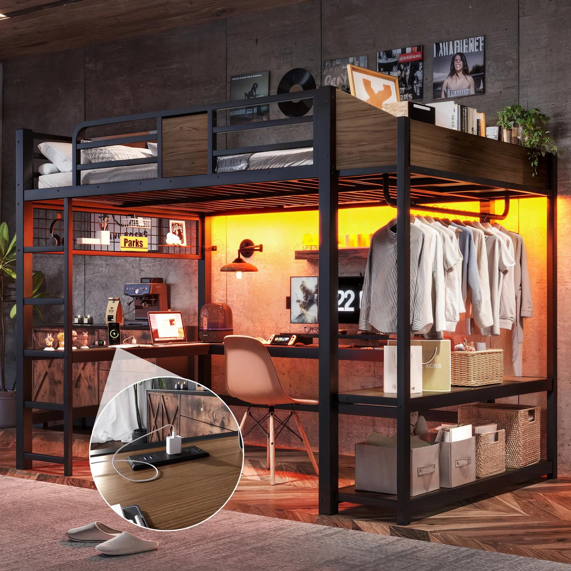 ARCH Full Loft Bed with L-Shaped Desk, LED Lights, USB Ports, Storage Shelves, Clothes Hanging Rod, Metal Frame, Black/Brown, for Bedroom, Dorm, Small Space, Heavy Duty, No Box Spring Needed, Full Size Options, Black/Brown Color Options