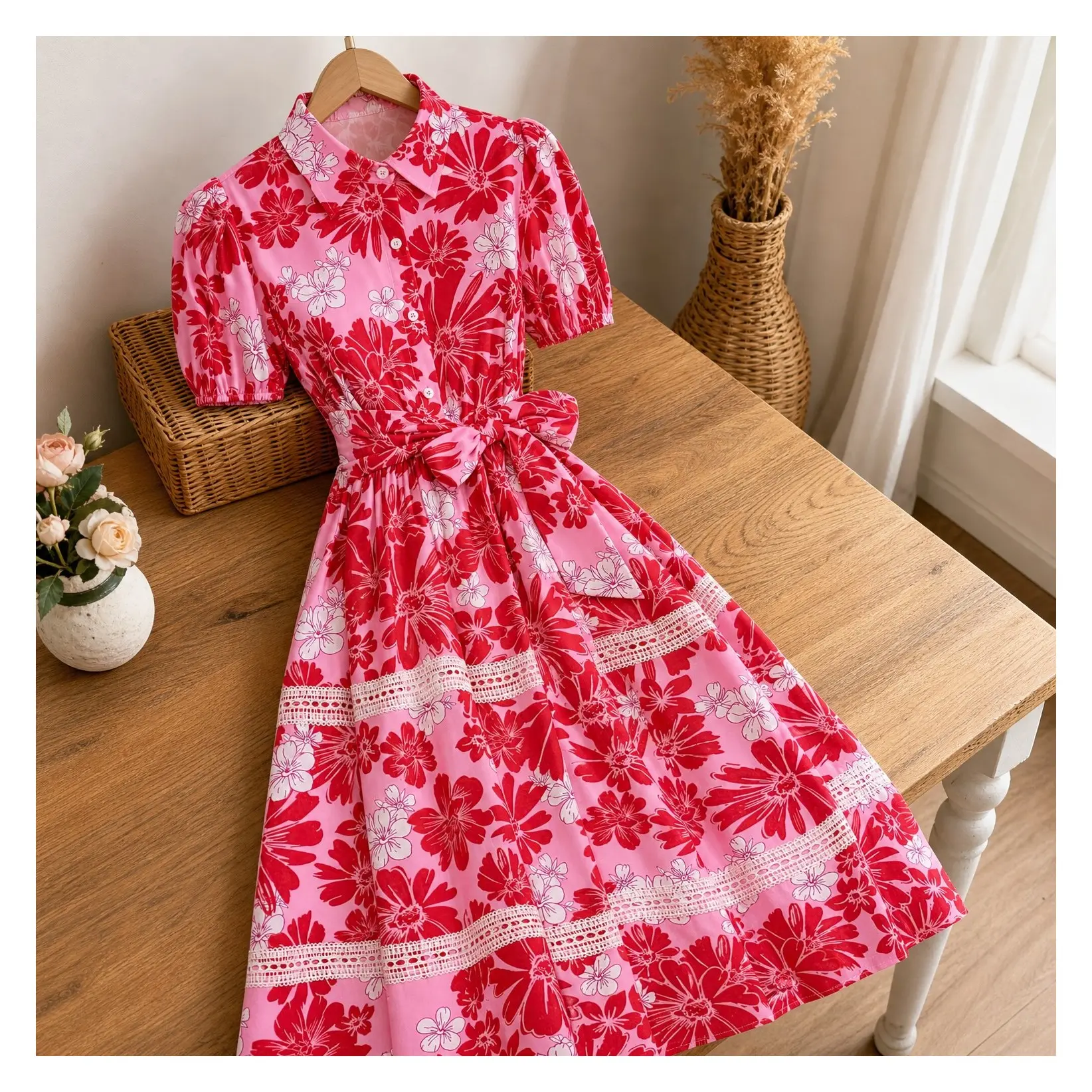 Women's 2026 Summer Floral Maxi Dress with Pockets, Short Puff Sleeve, Tie Belt, Shirt Collar, Flowy Bohemian A-Line, Lightweight, Perfect for Vacation, Easter, Wedding ShowerGift