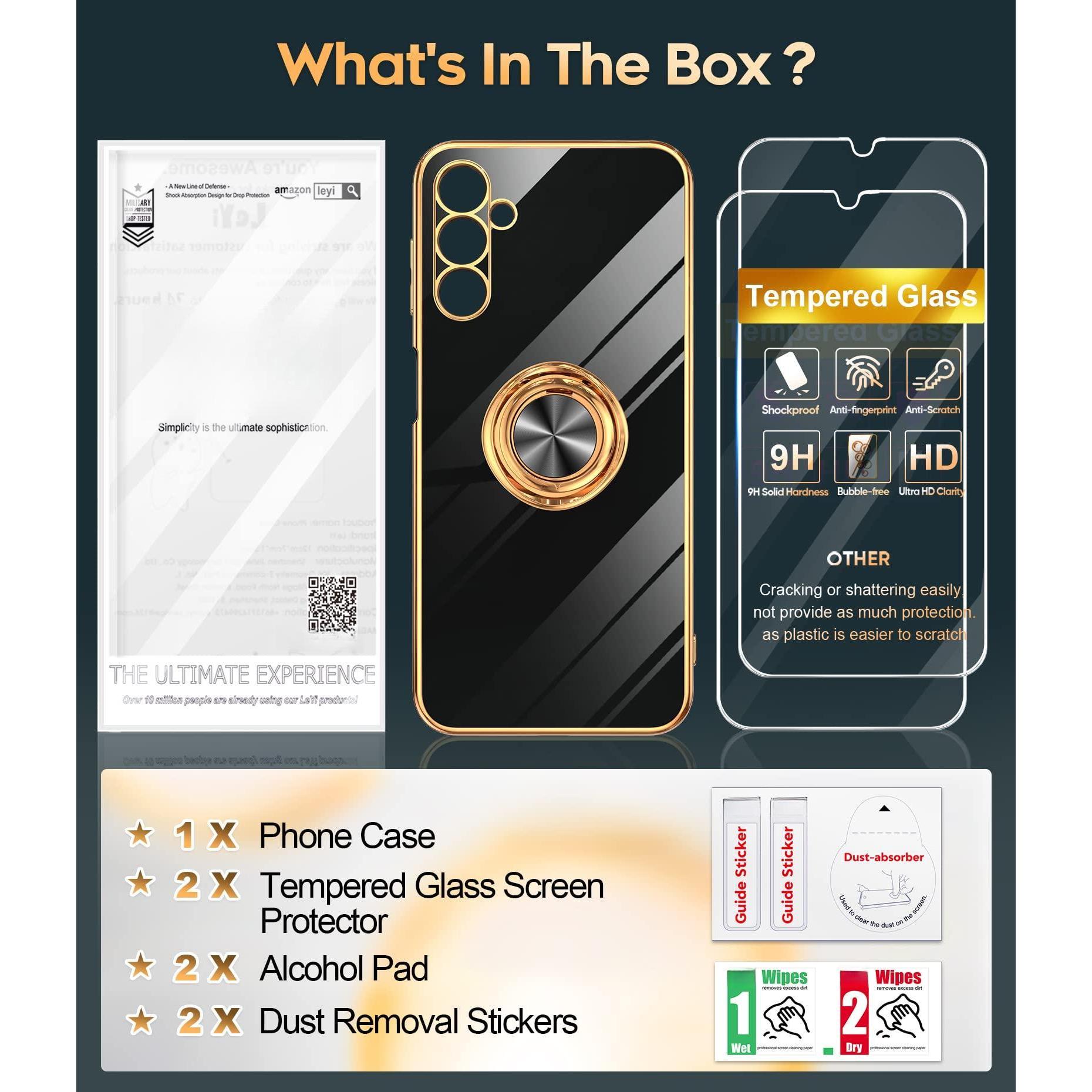 For Galaxy A14-5g Phone Case: 2 Pack Tempered Glass Screen Protector And 360° Rotatable Ring Magnetic Kickstand  Rose Edge Cell Android Basic Funda Para A 14 5g Cover Black