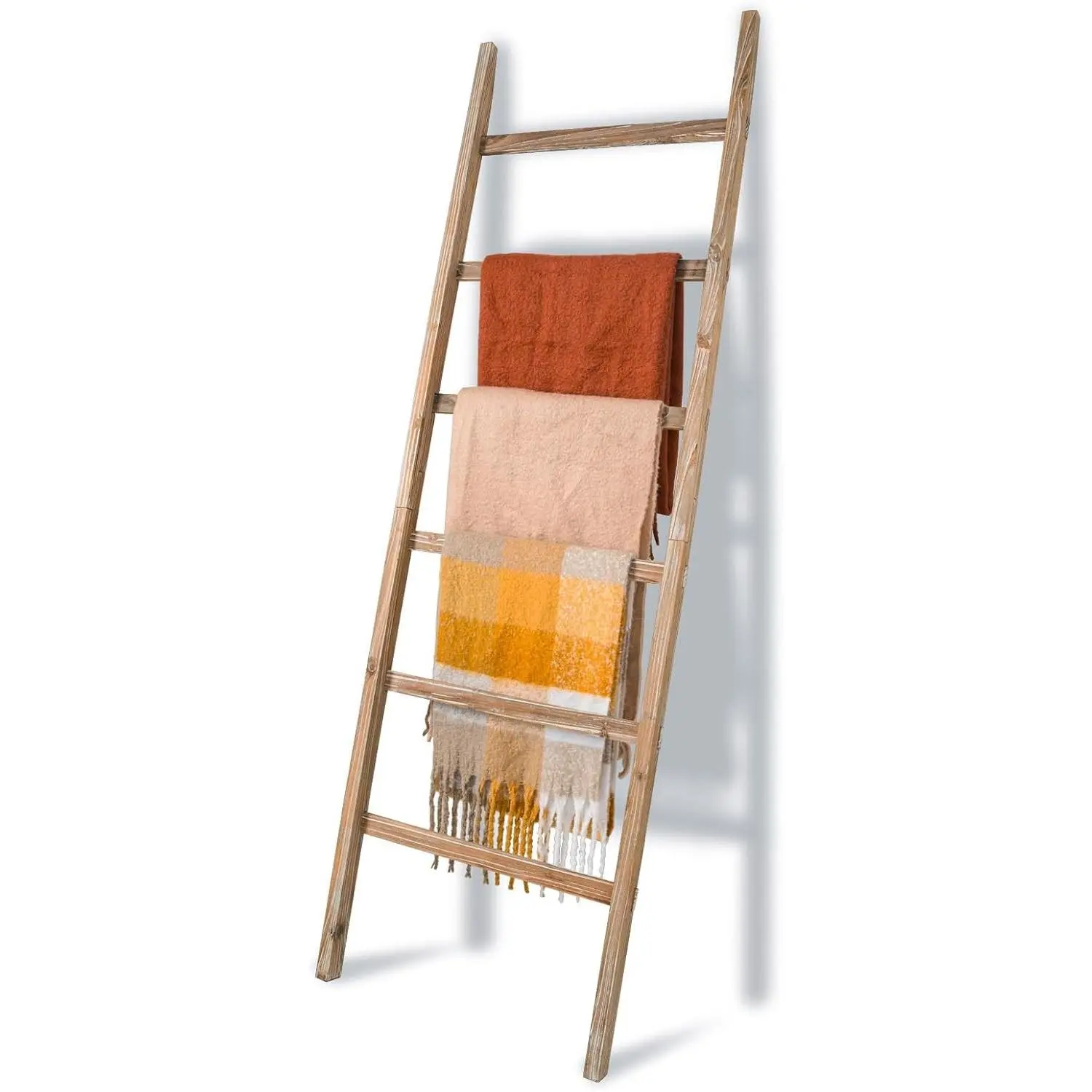 6.4FT Solid Wood Blanket Ladder - 24in Wide Multi-Layered Rustic Quilt Rack with Sturdy Base for Living Room, Farmhouse Home Decor, Indoor Furniture