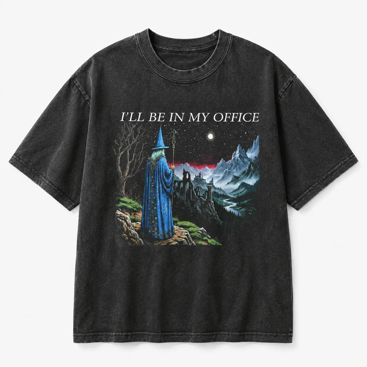 I'll Be In My Office Wizard Vintage Washed T-Shirt Funny Lord Of The Rings Fantasy Mountain Castle Graphic Tee