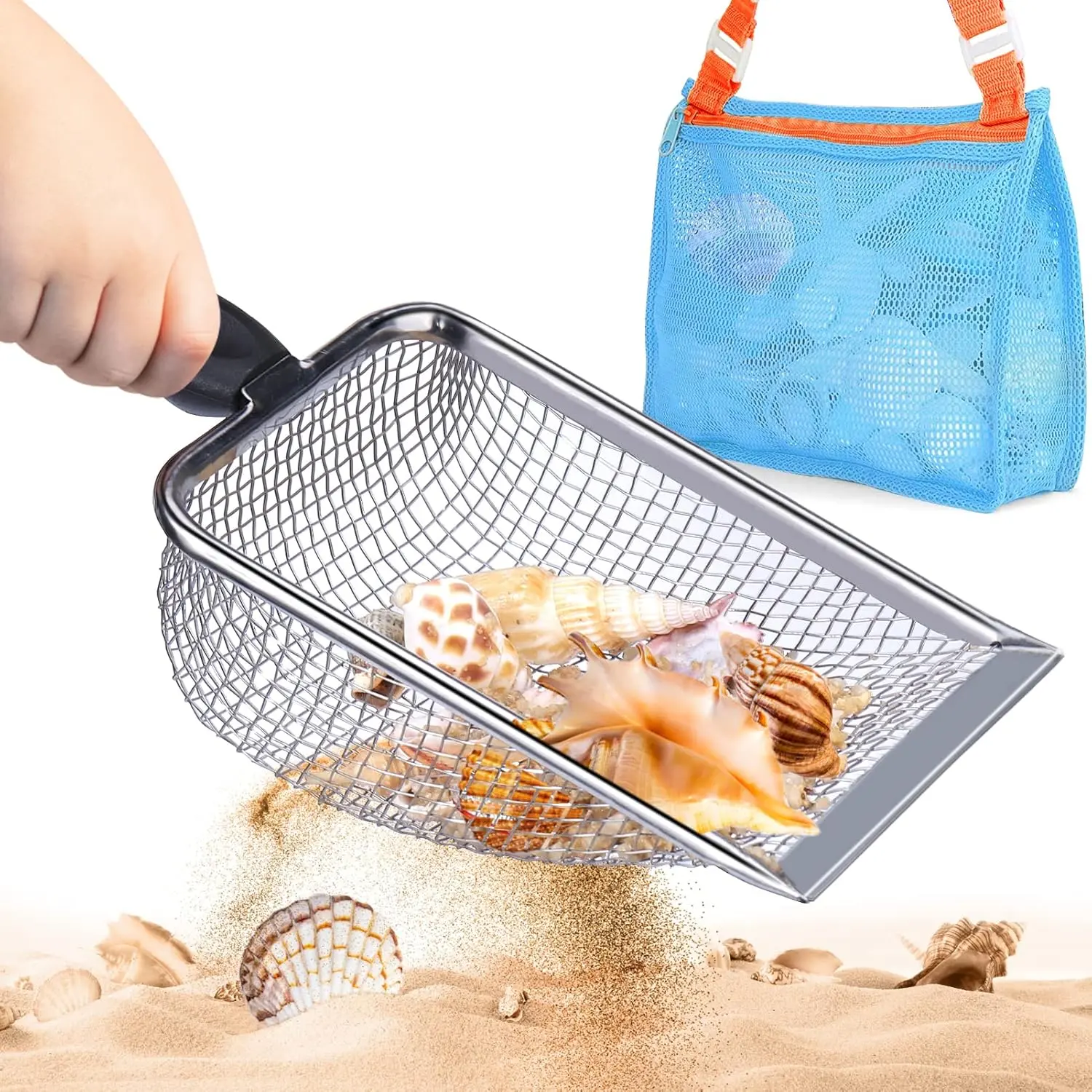Beach Mesh Shovel with Mesh Beach Bag  Shell Collecting, Kids Filter Sand Scooper  Picking Up Shells, Shark Tooth Sifter Dipper  Boys and Girls, Toy