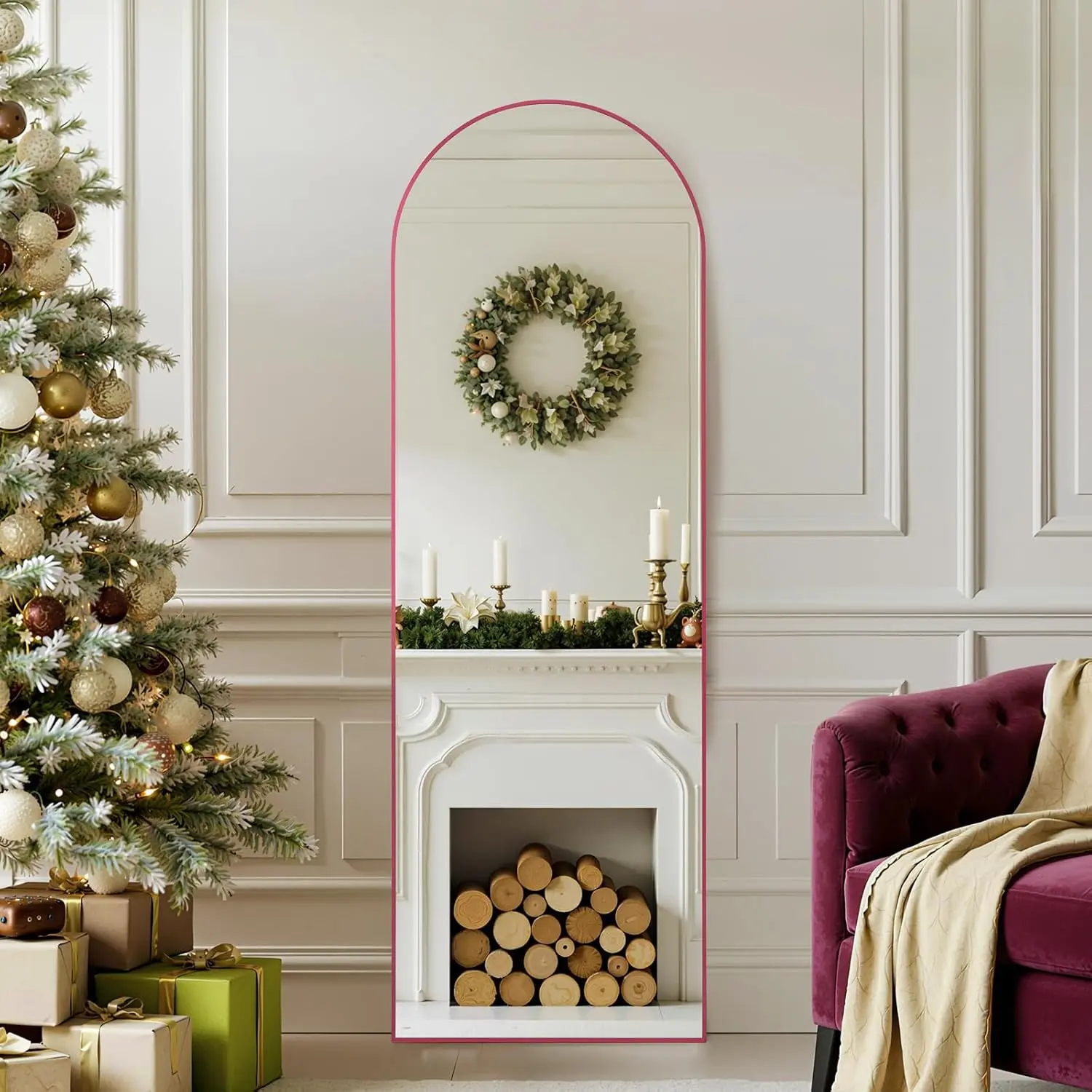 Anpark 19"x57" Arched Full Length Mirror - Aluminum Frame Shatterproof Nano Glass Mirror with Stand, Hanging & Leaning Option for Bedroom, Living Room Home Decor, Pink, Mirrors