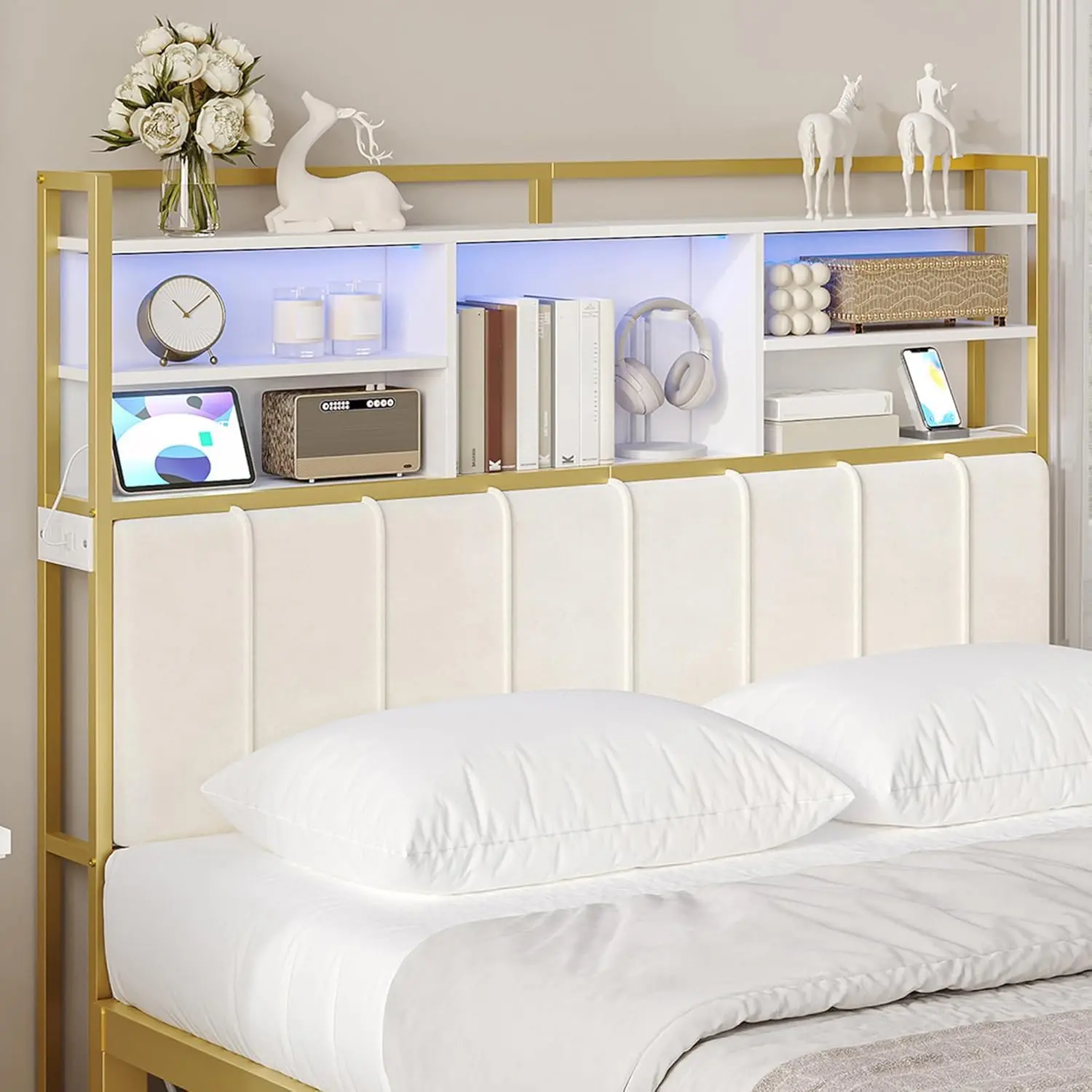 Headboard with 3-Tier Storage Shelves,  Size |  Upholstered  Board with 2 Outlets, USB Ports & LED Light, Soft Backrest for Bed, White and  BH15203AV1
