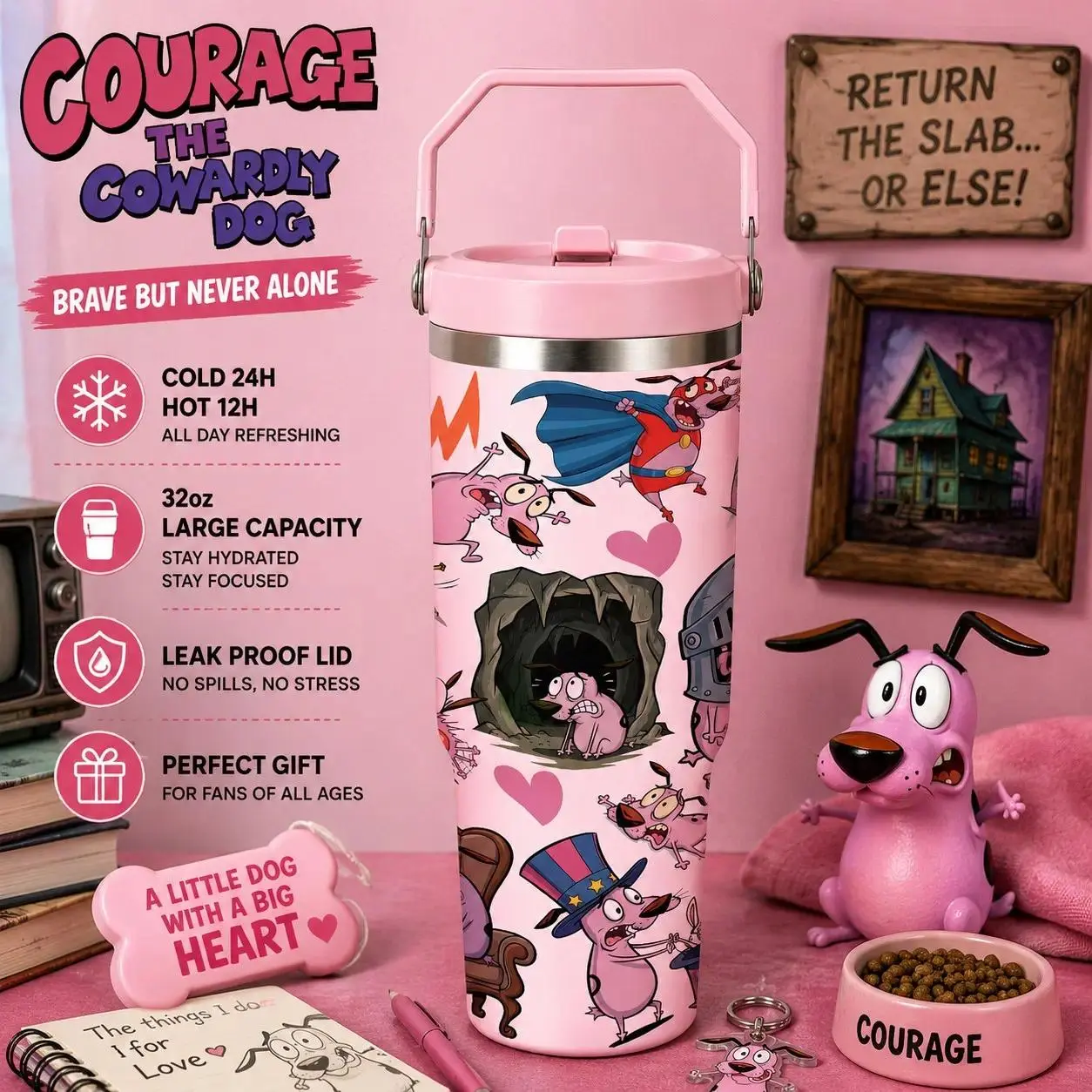 1 Pc 30oz Courage The Cowardly Dog Cartoon Print Insulated Stainless Steel Flask - Portable, Leak-Proof Lid, Double Wall Insulation, 12H Warm/24H Cold Retention, Fan Gift for Travel & Gym Kitchenware Drinkware