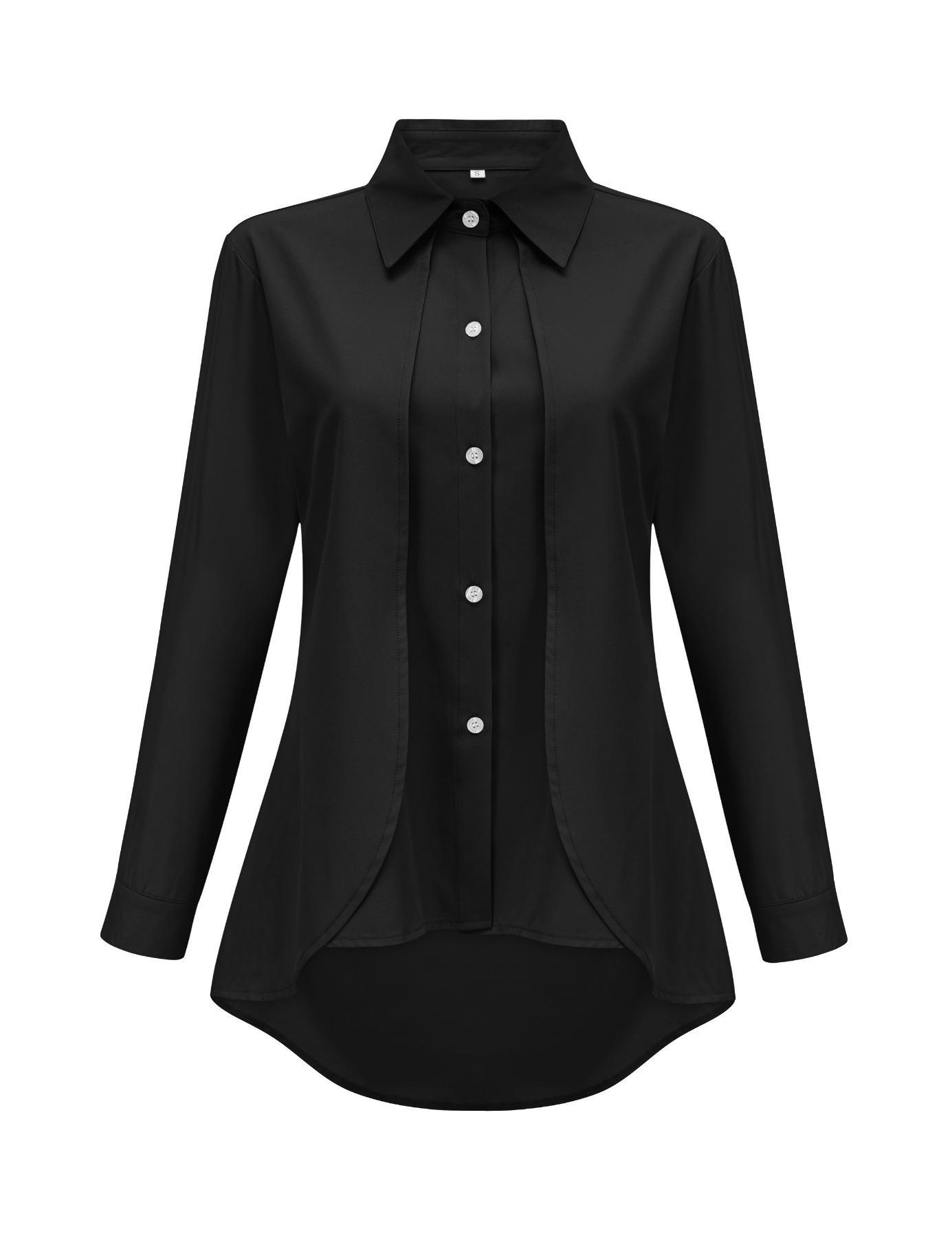 Women's Plain Wrap High Low Hem Button Front Shirt, Casual Fashion Shirt, Casual Long Sleeve Collared Top for Fall & Winter, Going Out Tops, Women's Clothing for Daily Wear, Womenswear