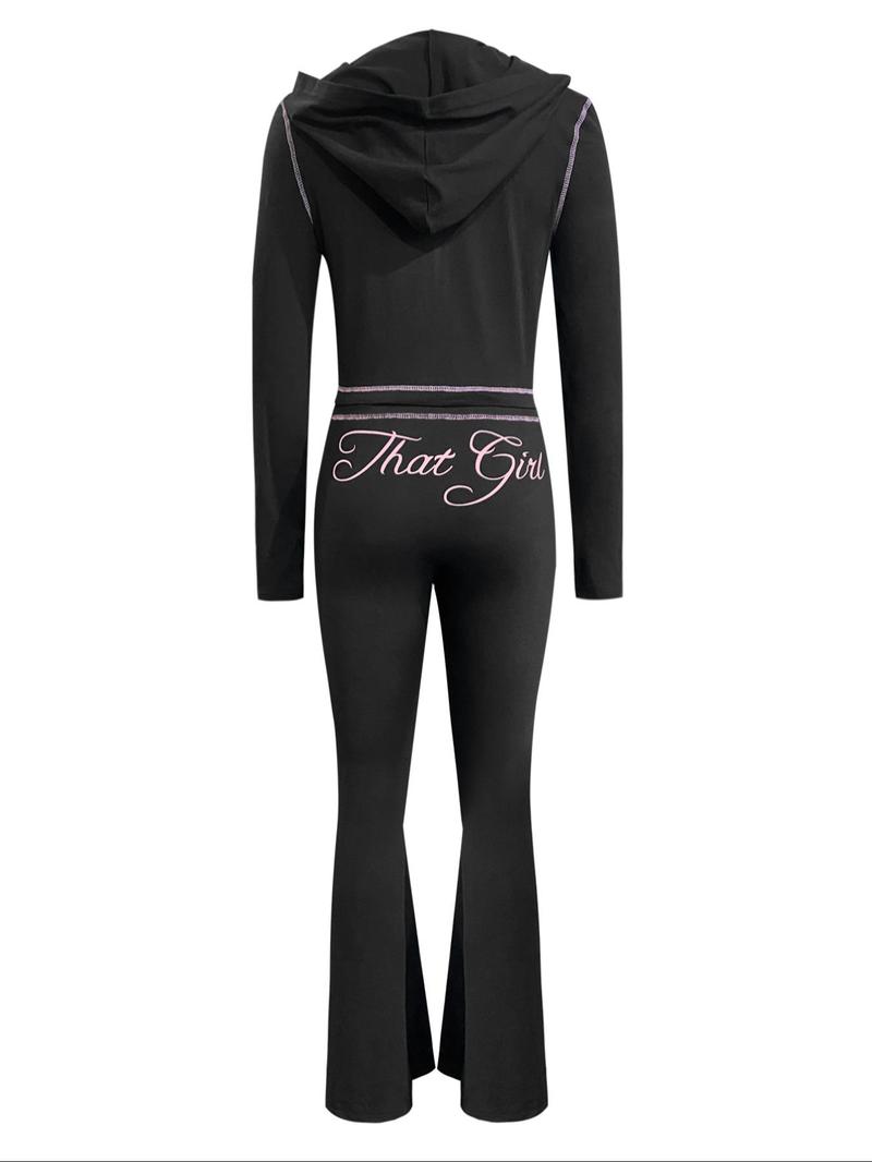 【LovelyWholesale】Two-piece Set Women's Colorblock Letter Print Zip Up Crop Jacket & High Waist Flare Leg Pants, Casual Fashion Cozy Breathable Outfits for Yoga Gym Workout, Ladies Sportswear for Fall