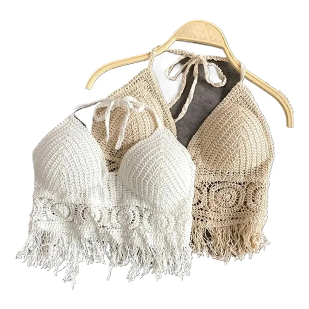 Women's Chic Boho Crochet Crop Top - Backless Halter Knit Bustier with Tassel Hem, Built-in Pads, Comfortable Lightweight Piece for Summer Beach Style, Dances, Dress, Sleeveless, Holiday, Skirt, Smooth, Childrens Day, Asymmetric, 3/4 Length, Blouse
