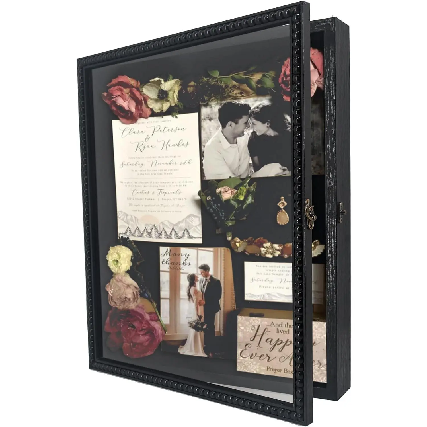 13x16 Large Black Front Open Hinged Shadow Box, Beaded Design Display Case with Linen Back, Keepsake Memory Box for Graduation Cap Gown Picture Display