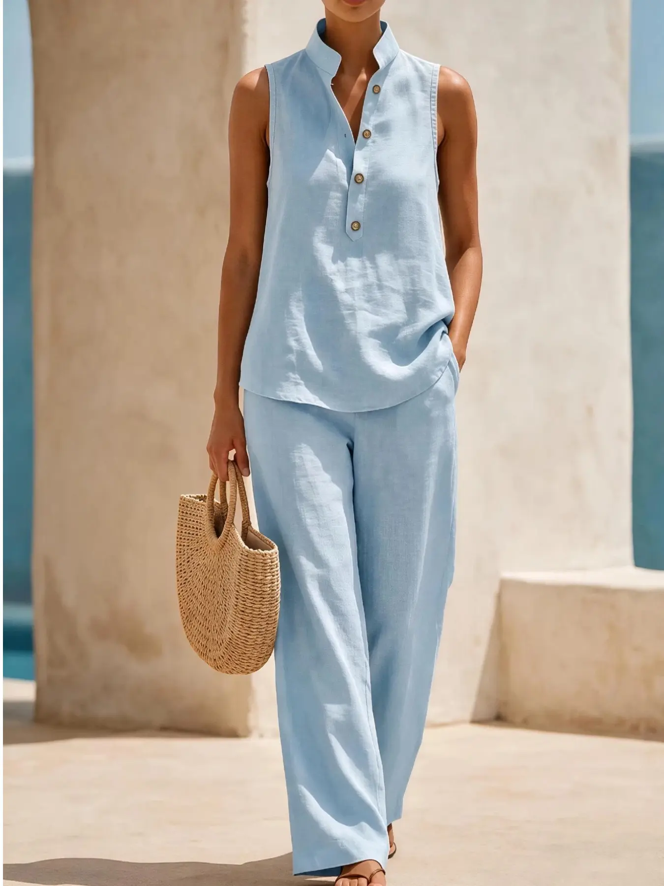 Women's 2-Piece Set, Stand Collar Sleeveless Top, Wide Leg Pants, Linen Material, Vacation Style, High End, Plus Size