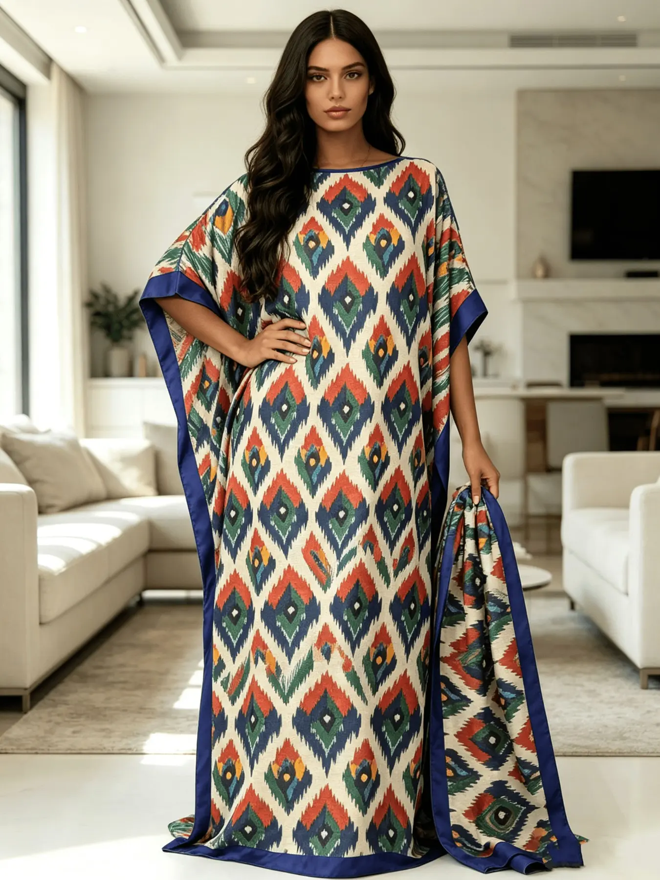 Boho Tribal Ikat Rhombus Geometric Loose Satin Kaftan Dress, Smooth Luxury Home Sleepwear Night Robe, Oversized Floor Flowy Tunic, Elegant Living Room Daily Brunch Outfit With Coordinating Head Wrap, Suitable For Plus Size Ladies