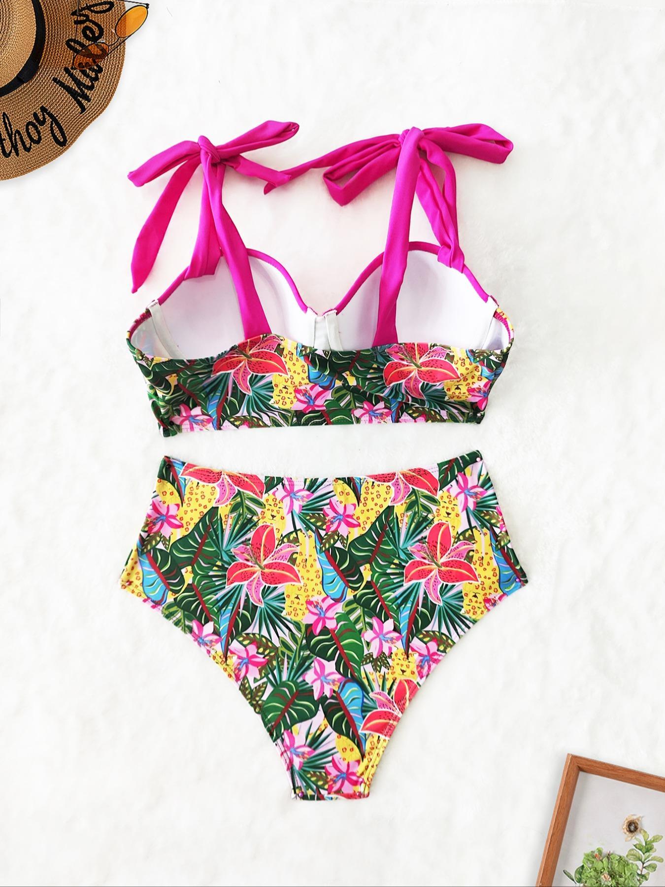 Three-piece Set Women's Plants Print Bikini Set, Boho Fashion Strapless Swim Top & Swim Bottom & Cover Up Skirt Set, Ladies Swimsuit for Beach Holiday Vacation, Floral Swimsuits
