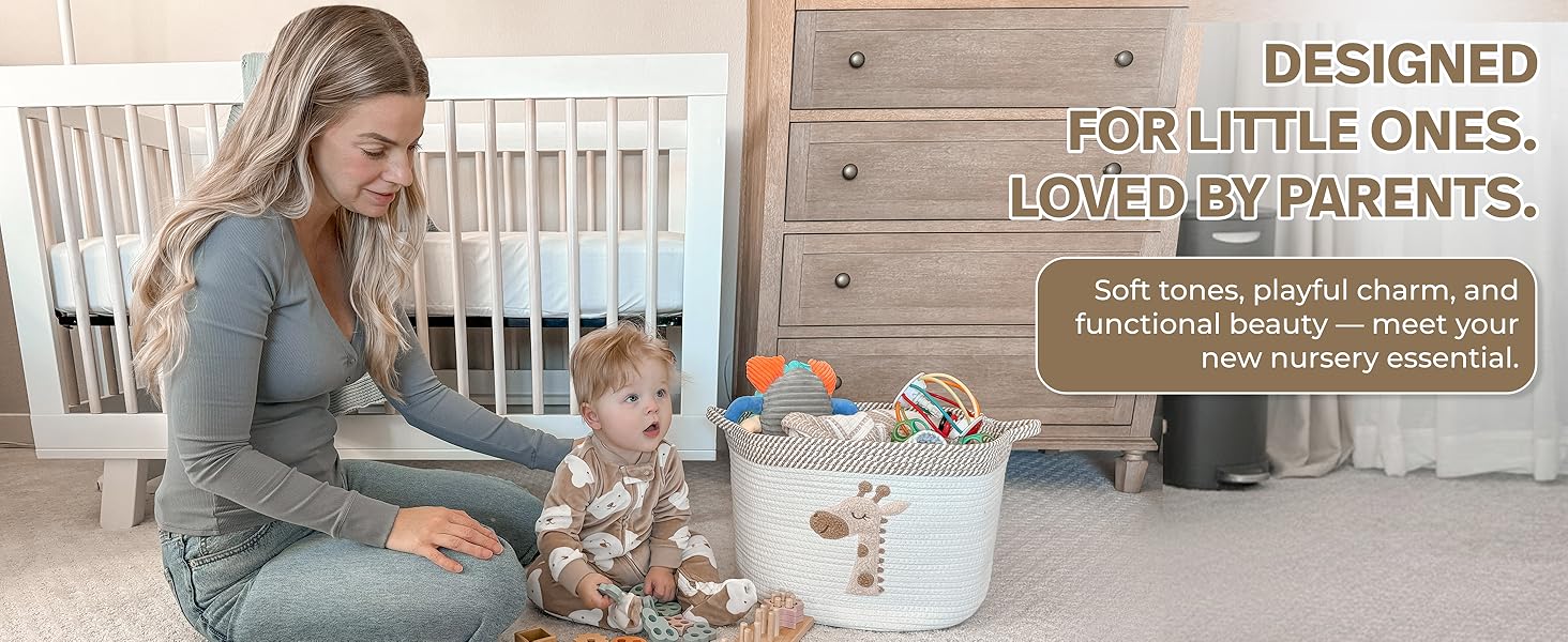 SUNDAY MIRTH Giraffe Storage Basket for Nursery – Large 15"x11" Cotton Rope Bin with Soft Felt Animal Patch – Toy Organizer, Baby Laundry Hamper, Diaper & Towel Holder – Foldable, Washable & Baby-Safe