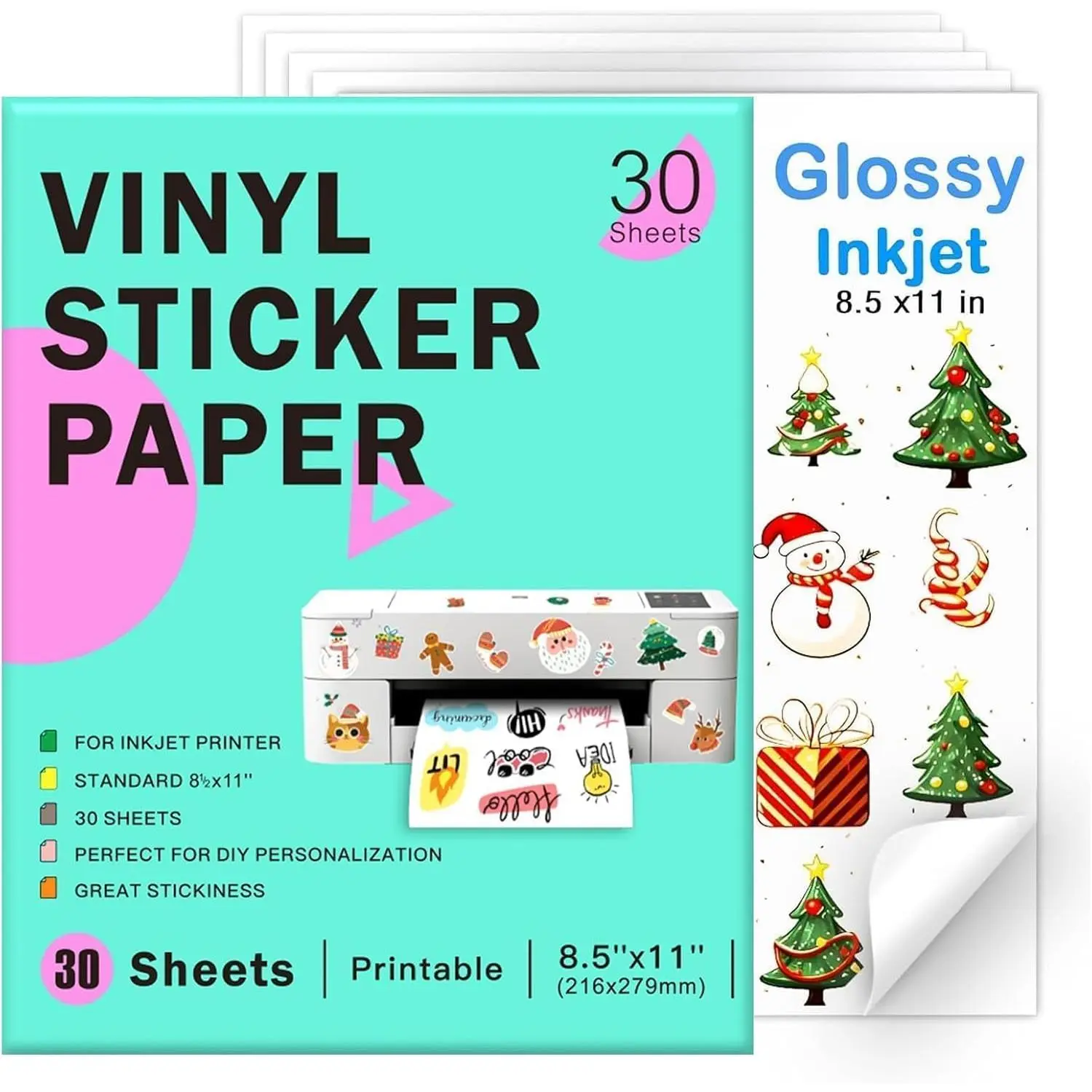 Printable Vinyl Sticker Paper 8.5 x 11", Glossy White, 30 Sheets | Inkjet Printable,  Colors, Dries , , Anti- Design, Compatible With Cricut, DIY Self-Adhesive Vinyl