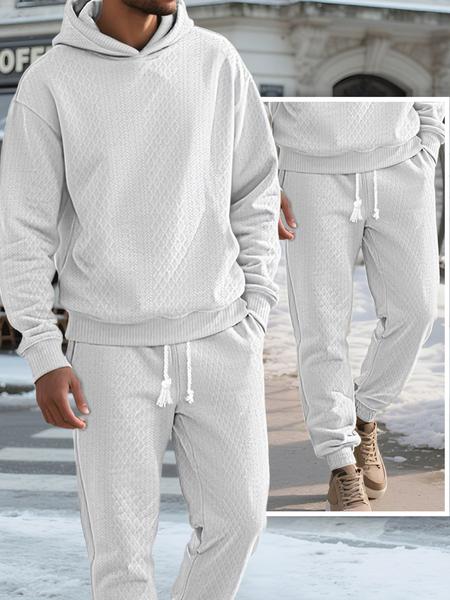 Two-piece men's solid color hooded sweatshirt and drawstring pants set, jacquard texture casual long-sleeved top with long pants autumn and winter men's clothing set, sportswear jumpsuit, Fall outfit, Sweatsuit Sets