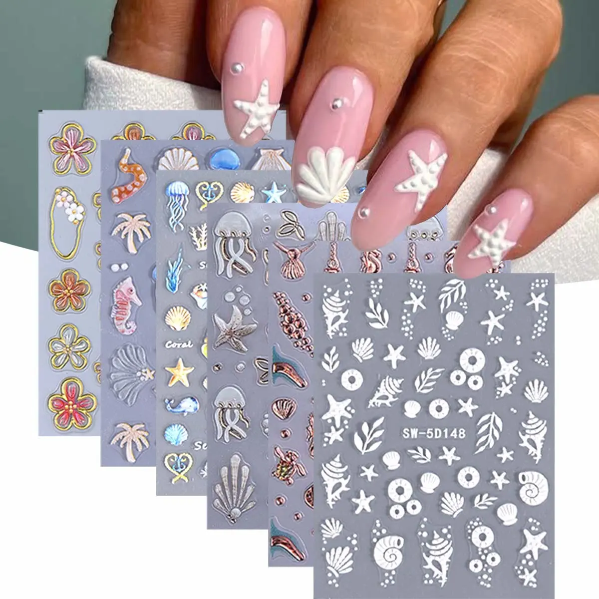 6 Pcs Ocean Style Embossed Nail Stickers, 3D Starfish Shell Jellyfish Flower Self-Adhesive Nail Art Decals, DIY Manicure Decorative Stickers, Nail Art Accessories, Nail Art Products