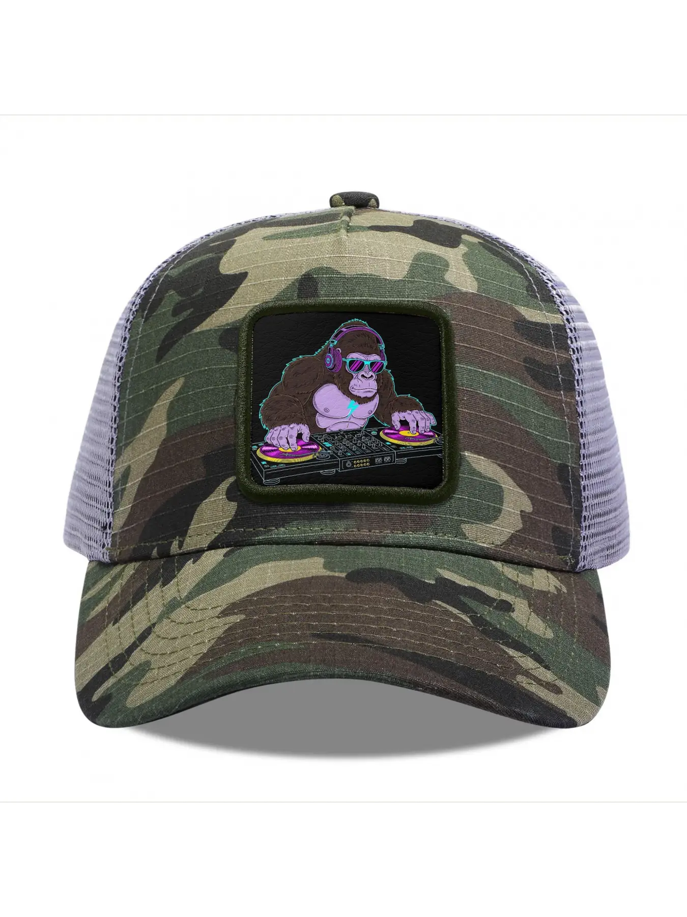 Gorilla DJ with headphones and sunglasses Camouflage Mesh Baseball Cap for Men & Women - Adjustable Snapback Trucker Hat, Breathable Back for Hiking, Fishing, Camping, Golf & Casual Outdoor Attire Camouflage Random