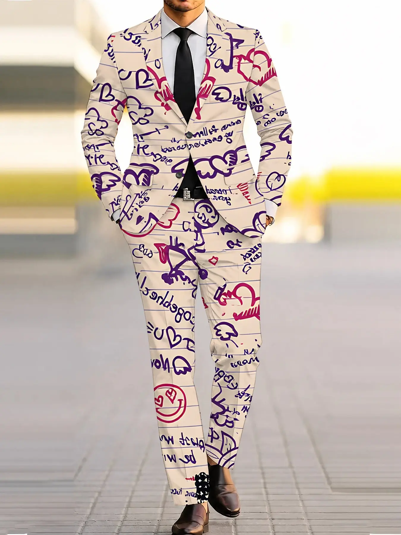 Men's trendy cool heart graffiti suit set! Beige base with pink and purple hand-painted heart text all-over print, jacket and pants set, slim fit cut, perfect for parties and gatherings, stylish and eye-catching formal wear for men.