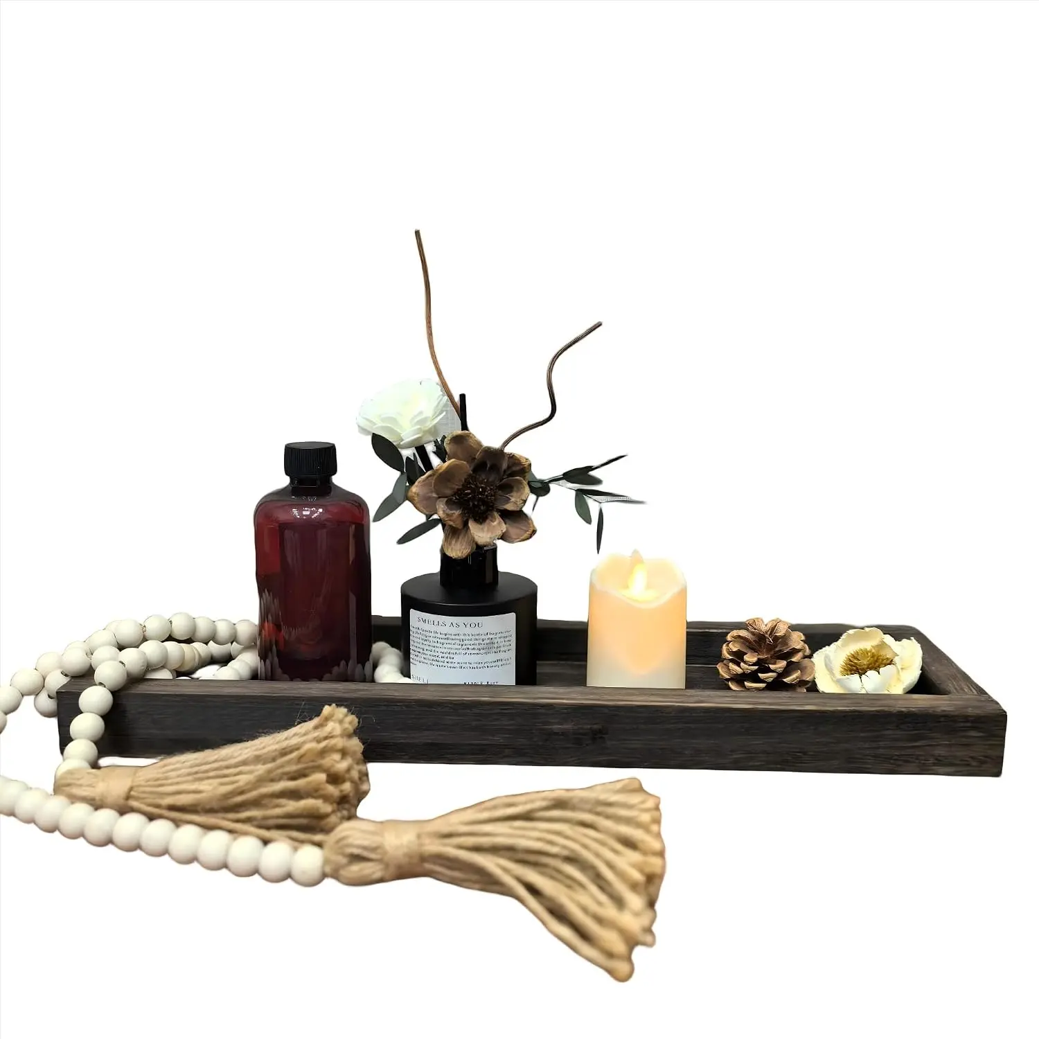 Rustic Decorative Wooden Candle Holder 16.93 Inch Rectangular Wooden Tray  Candle Display Tray for  Coffee Table Serving Fruits Snacks Pastries  Decor (Charcoal  Color)