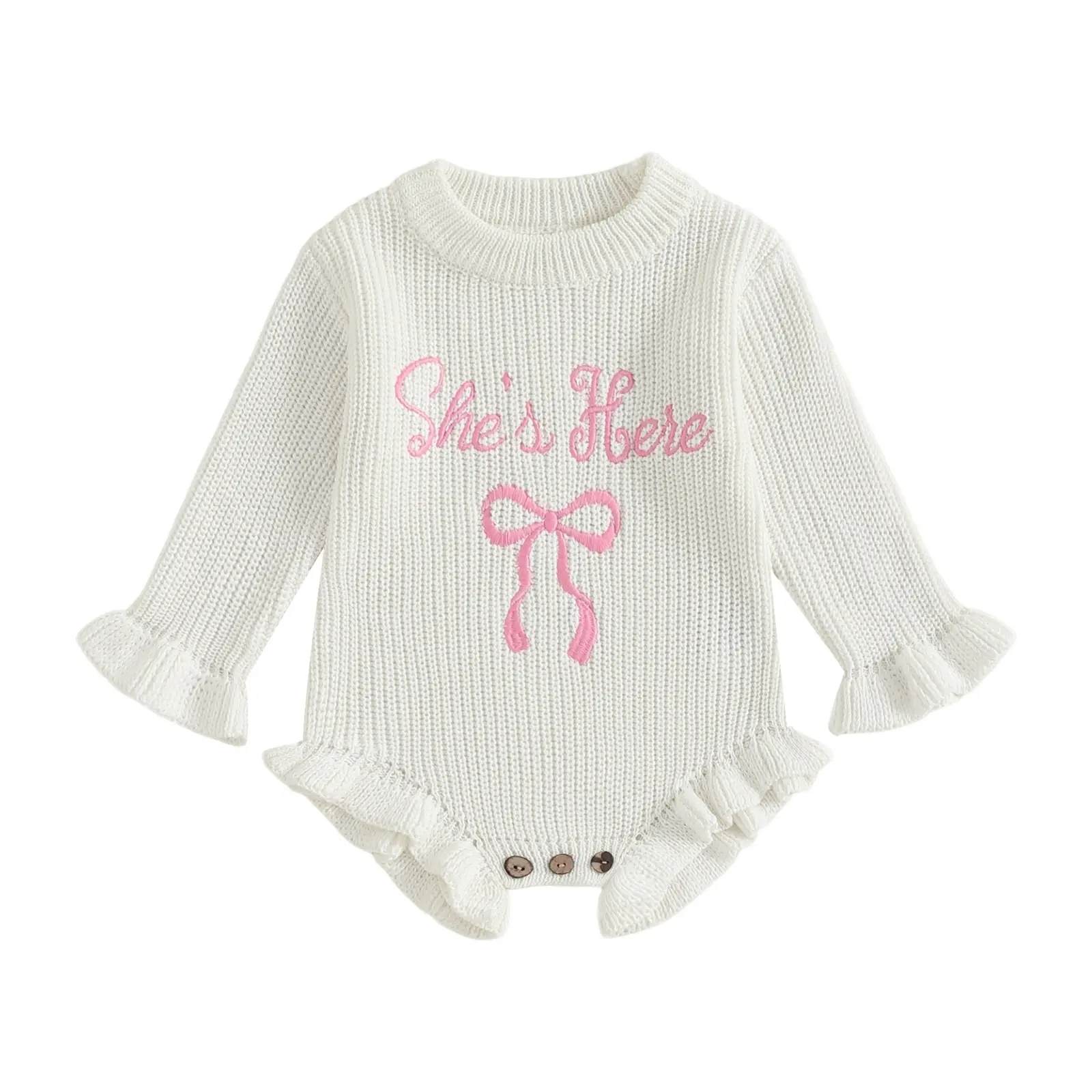 Baby Girls Knitted Romper Bow and Letters Embroidery Ruffled Sweater Winter Newborn Infant Fall Winter Clothes 0-12 Months