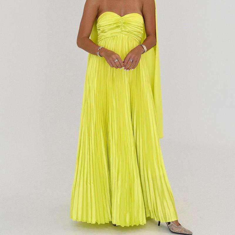 Women Long Dress Solid Color Pleated Tube Dress Summer Fashion Backless Casual Strapless Dress with Choker Scarf Light Polyester
