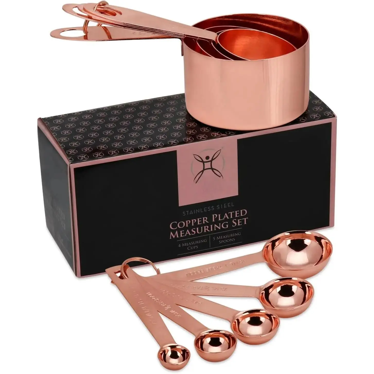 Copper Measuring Cups and Spoons Stainless Steel 9 count with 2 Rings
