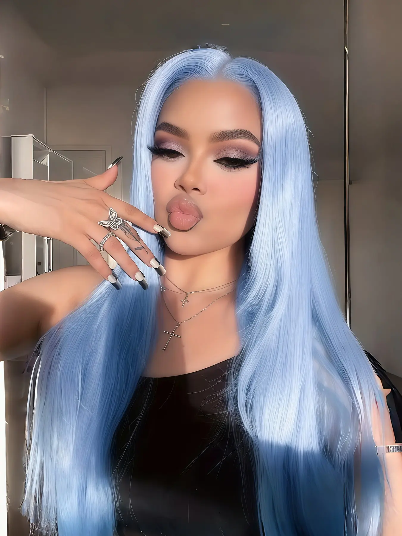Women's Long Straight Light Blue Ombre Synthetic Wig, Center Part Lace Front, Heat-Resistant Fibers, Full Head Coverage, Cosplay Party Halloween Daily Use