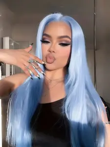 Women's Long Straight Light Blue Ombre Synthetic Wig, Center Part Lace Front, Heat-Resistant Fibers, Full Head Coverage, Cosplay Party Halloween Daily Use