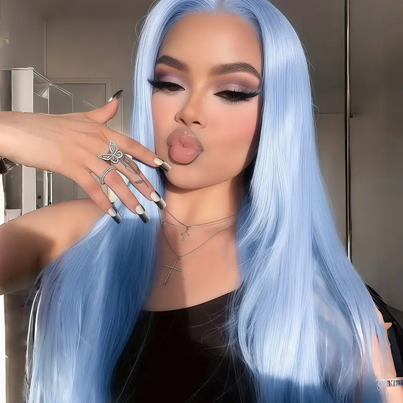 Women's Long Straight Light Blue Ombre Synthetic Wig, Center Part Lace Front, Heat-Resistant Fibers, Full Head Coverage, Cosplay Party Halloween Daily Use, Straight Wigs