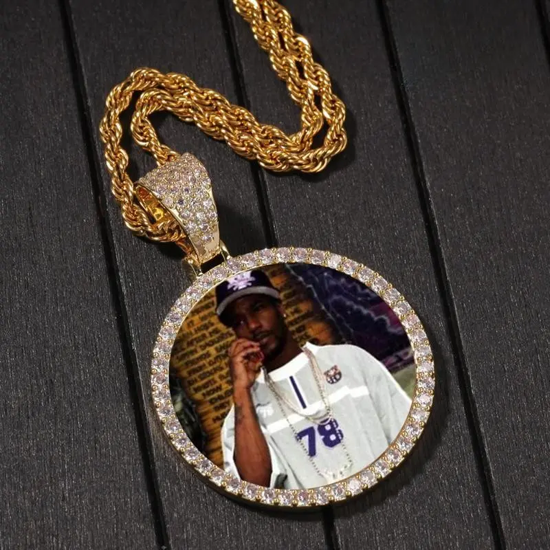 Personalized Small-Big Size Custom Memory Round Colorful Photo Pendant Necklace Zirconia Neck Chain Jewelry,Edgy Rotating Band Gift for Men & Women