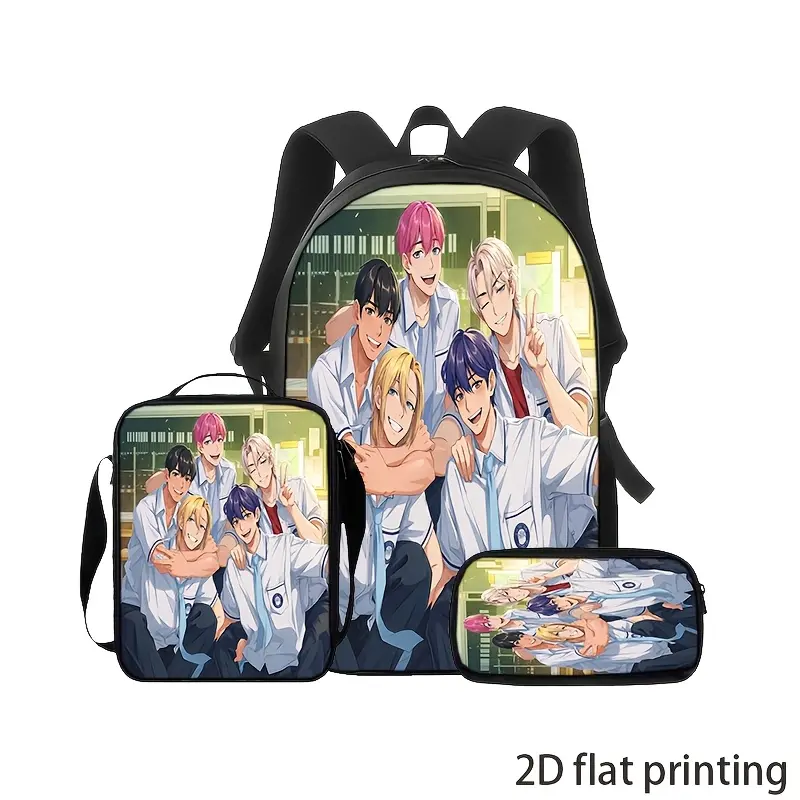 Durable Waterproof 3-Piece Backpack Set for Anime Fans, Lightweight Oxford School Bag with Lunch Bag & Pencil Case, Indoor Campus Background Handsome Boys Group Uniform Anime Character Graphic Print, Spacious 15in Laptop Backpack with Soft Padded Straps