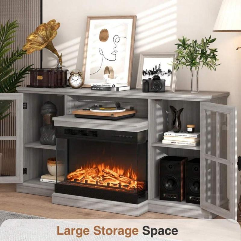 Modern 3-Sided Glass Fireplace TV Stand, Fits Up to 65" TVs, Media Entertainment Center with Cabinet Storage & Adjustable Flame Color