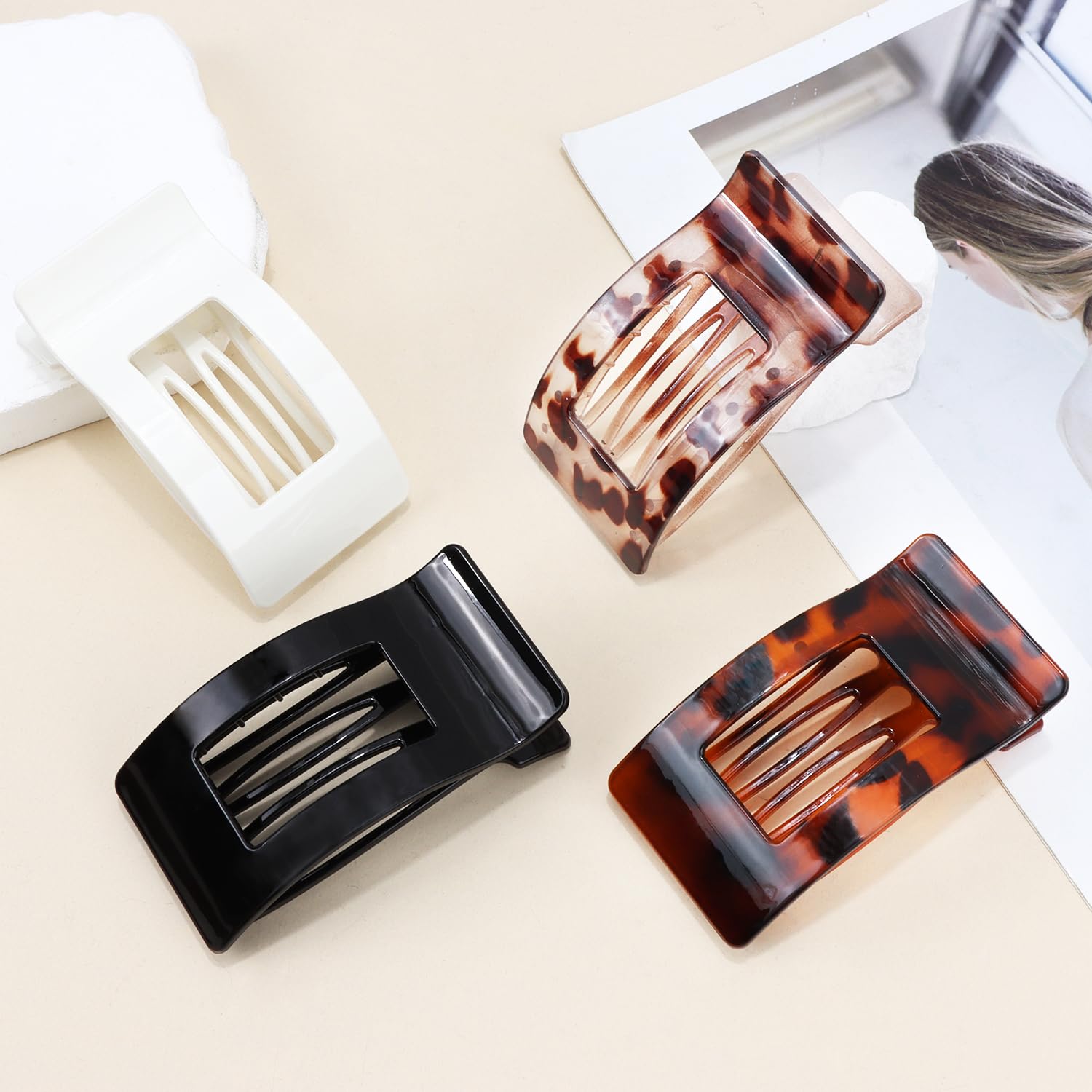 Flat Hair Clips for Women Girls, Matte Lay Flat Claw Clips, Strong Hold Large Side Hair Clip All Hair Types, French Duck Billed Hair Jaw Claw Clip, Non Slip Grip for Daily Styling Tortoise