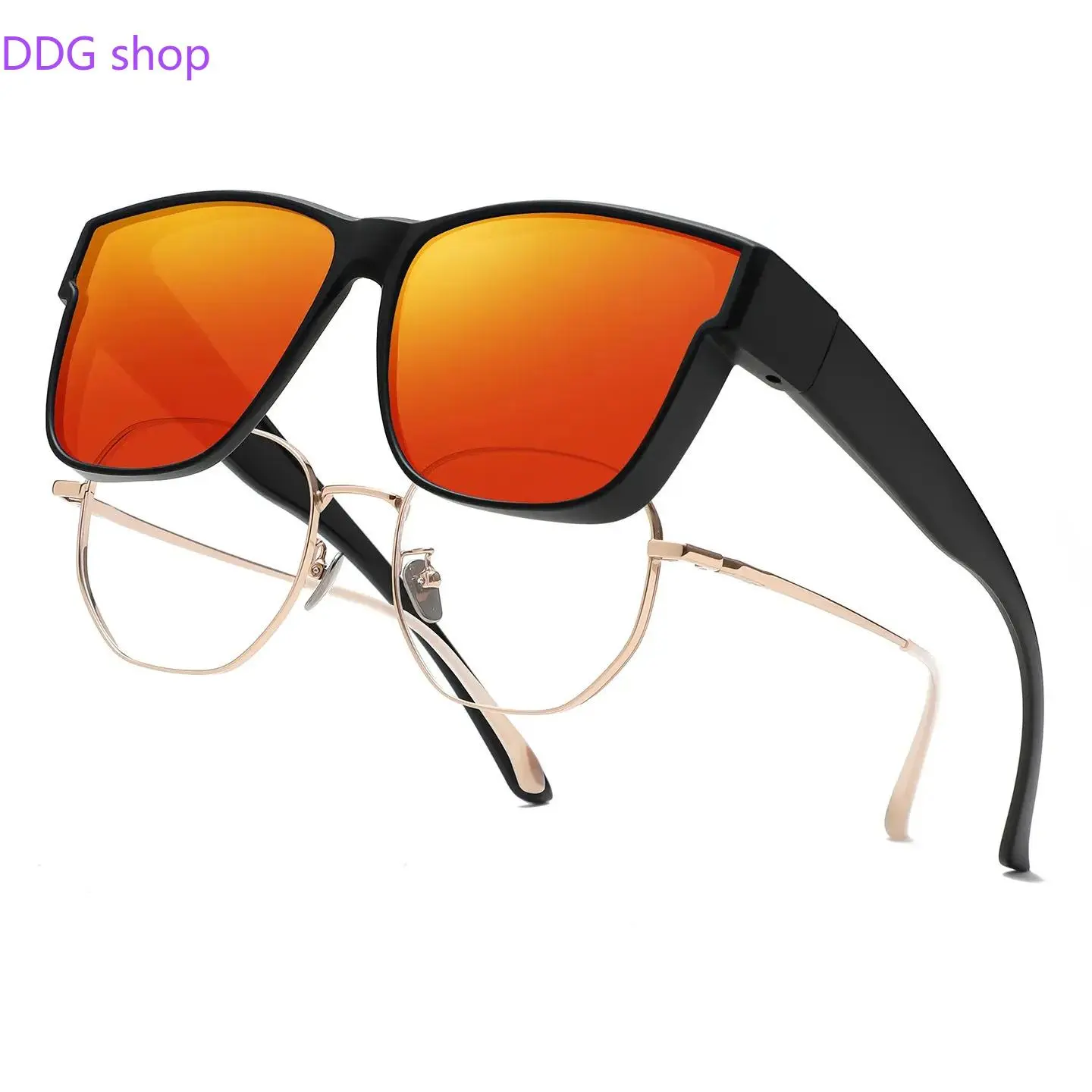 XUH Square Fit Over Sunglasses for Men Women, Black Frame Orange Red Mirrored Lens Polarized UV400 Protection, Oversized TR90 Frame Wear Over Prescription Glasses for Driving Fishing Outdoor Travel