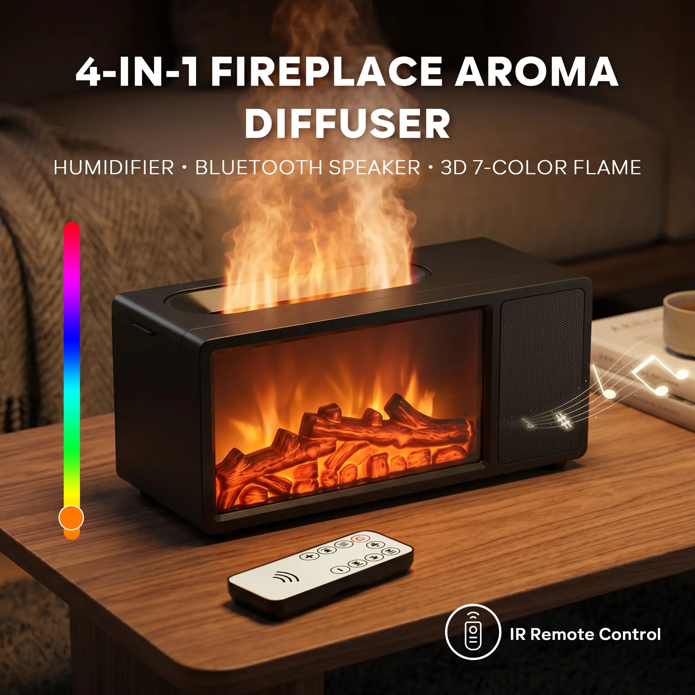 4-in-1 Fireplace Aroma Diffuser Humidifier with Bluetooth Speaker, 3D 7-Color Flame Atmosphere Light, Ultrasonic Quiet Operation, Auto Shut-Off, USB Powered for Bedroom Living Room Yoga Home Office