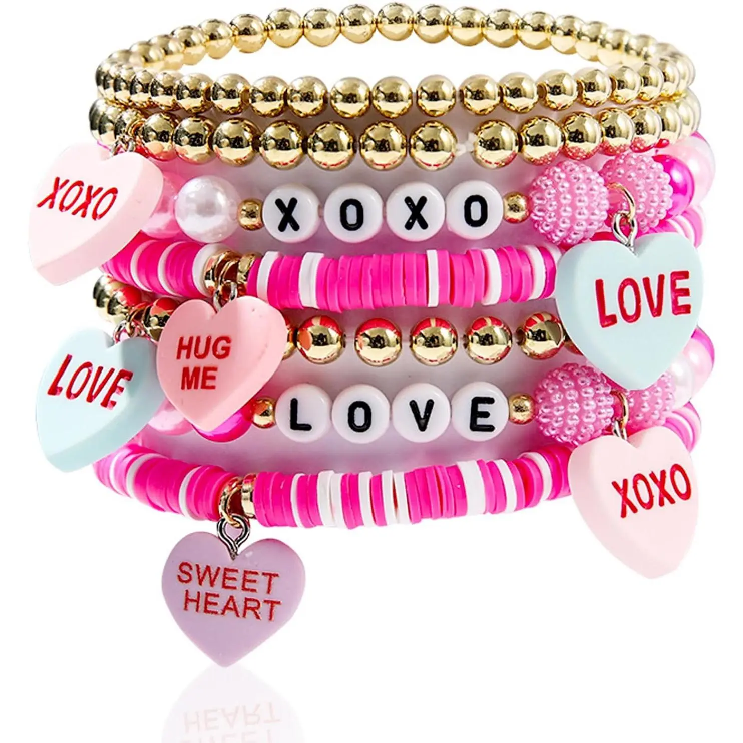 Valentines Bracelet for Women Clay Bead Bracelet Heishi Surfer Bracelets Set Love Heart Valentines beaded Bracelets Bulk Cute  Red Stackable Stretch Bracelets for Valentines Accessories  Gifts