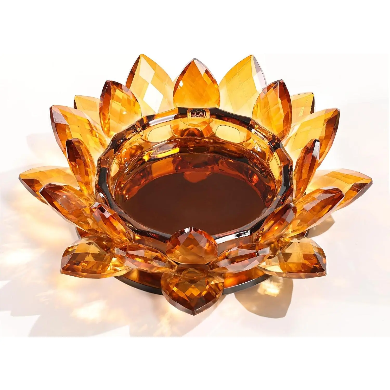 Crystal Lotus Candle Dish – Amber Decorative Tray for Candles & Diffusers| Housewarming Gifts New Home Room Decor, Flower Candle Holders for Pillar Candles, Jewelry Dish, Coffee Table Centerpiece