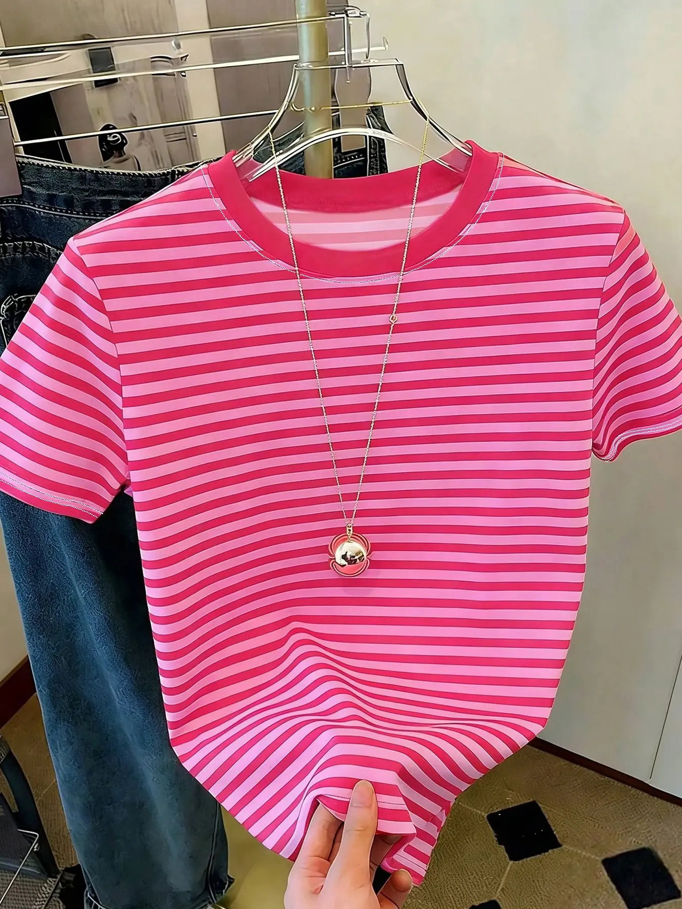 Women Hot Pink Rose Red Stripe Crew Neck Short Sleeve T-shirt Y2K Coquette Aesthetic Slim Fit Breathable Soft Stretchy Basic Tee Skin Friendly Lightweight Casual Daily Street Shopping Vacation Jeans Matching Summer Trendy Everyday Wear Top