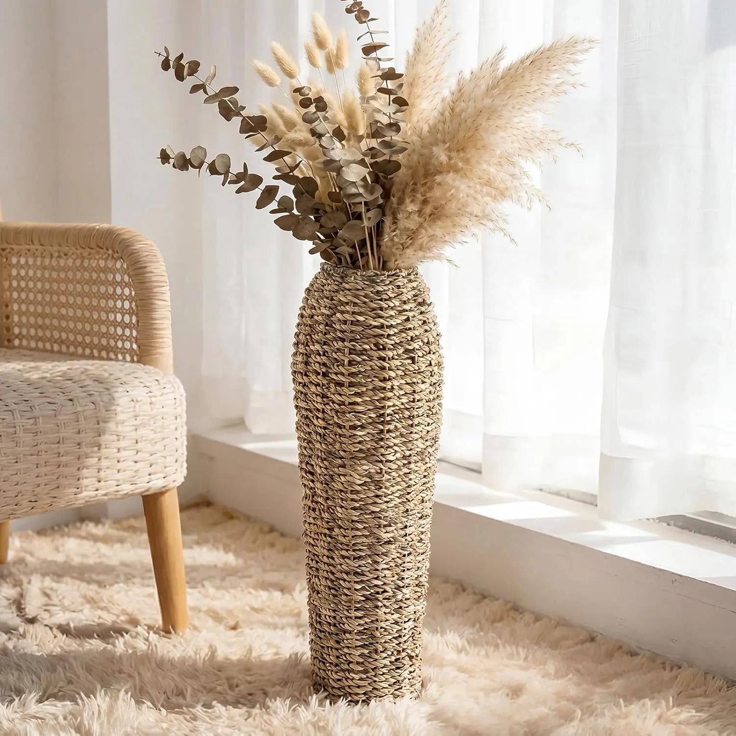 16.5 Inch Wicker Rattan Floor Vase for Flower, Handwoven Seagrass Decor with Iron Frame, Boho Farmhouse Floor Accent for Living Room, Entryway, Bedroom, Brown