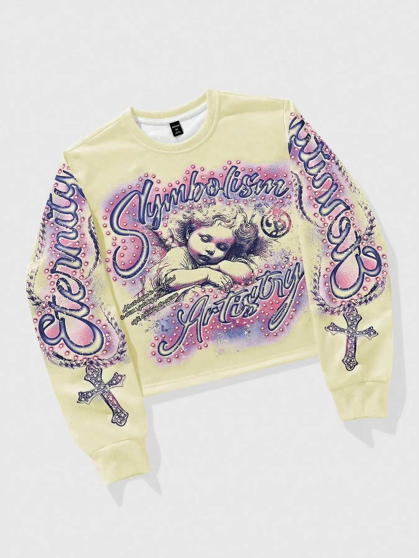 Men's White Cropped Crew Neck Long Sleeve Pullover Cozy Sweatshirt, Front Angel Symbolism Artistry Gradient Rhinestone Letter Print, Full Sleeve Eternity Cross Graphic, Ribbed Cuff Loose Street Fit, Dark Y2K Daily Casual Faith Based Streetwear Top