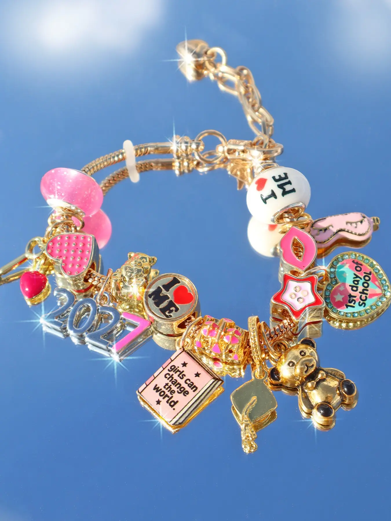 Bear Charm Bracelet for Back-To-School Season, Motivational Slogan Memorial Bracelet, Love Yourself 2027 Bracelet, Unique Gift Idea