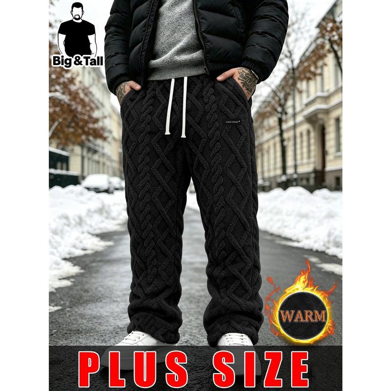 Men’s Plus Size Warm Plush Joggers - Big & Tall Relaxed 3D Cable-Textured Thick Windproof Fleece Pants with Drawstring Waist, Pockets, Slogan Design for Daily & Winter Outdoor Street Wear