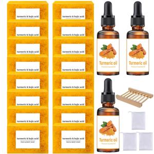 turmeric & kojic acid soap bars, body wash set brightening turmeric cleanser bar soaps and serums set, 16pcs turmeric kojic acid soap & 3 counts turmeric oil & 1 count soap dish & 3 counts soap bag, daily body & face care for women & men