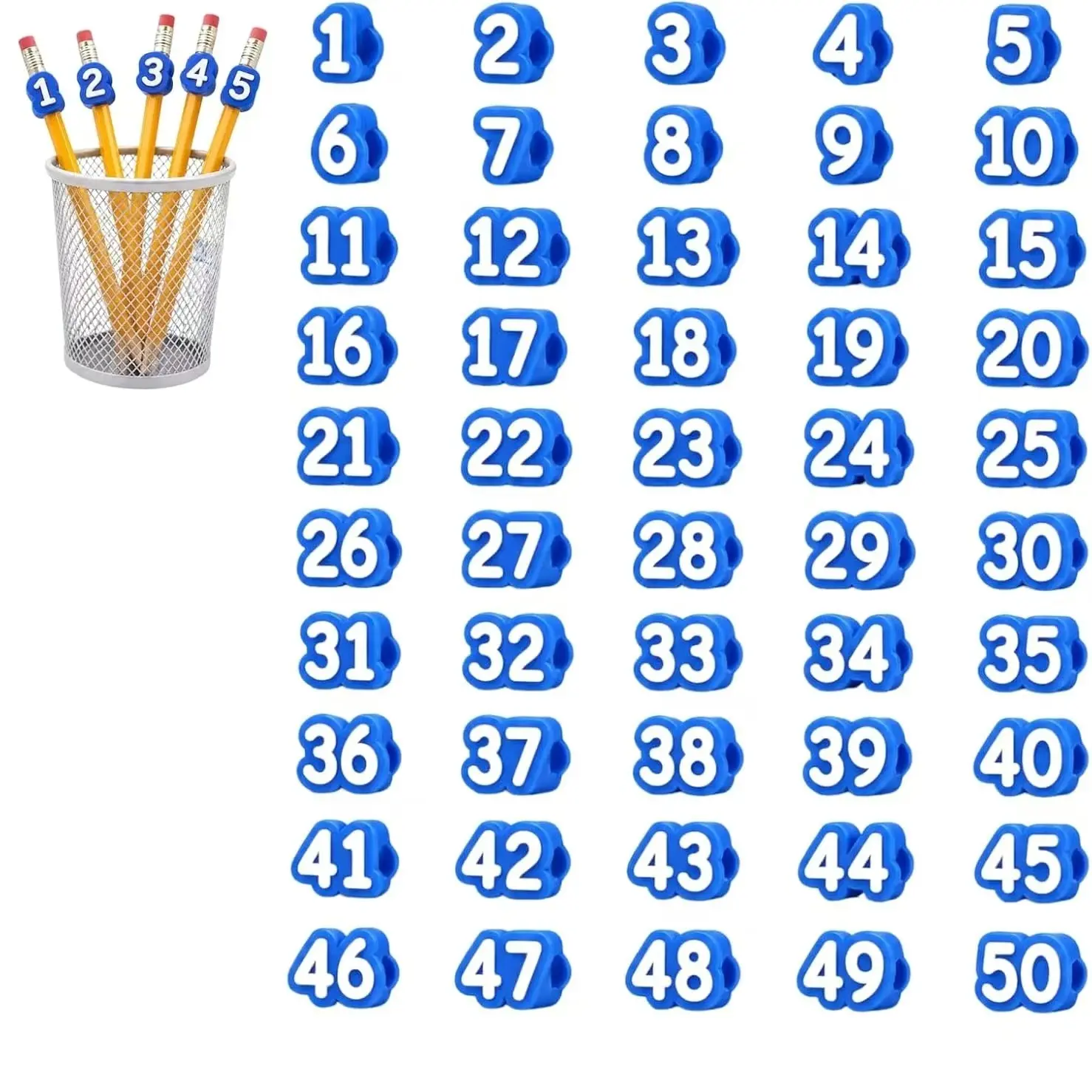 Numbered Pencil Toppers, 50pc Number Pencil Toppers, 3D Printed Reusable Classroom Pencil Labels for Teachers, Pencils Tracking Markers for Supply Stations and School Organization