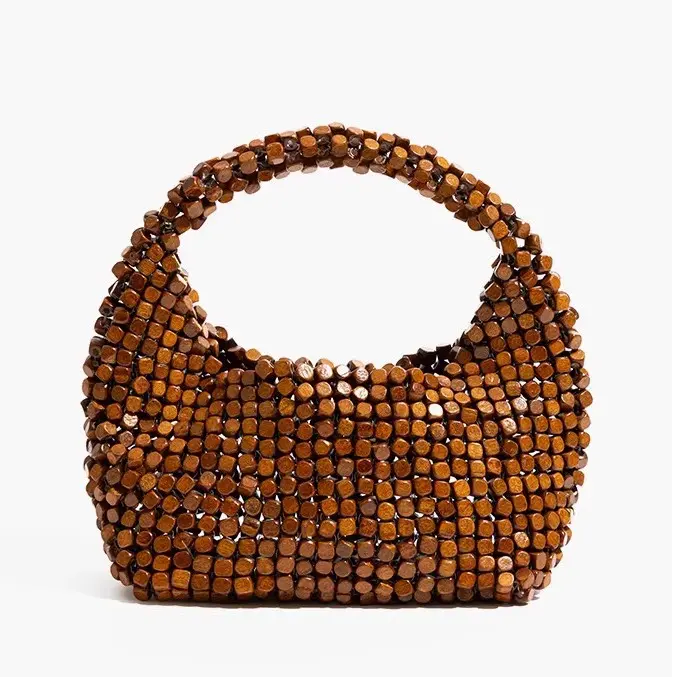 Vintage Wood-Look Plastic Beaded Mini Handbag, Hollow Woven Bag with Matching Beaded Crossbody Strap, Open Top Boho Purse for Women Summer Beach Daily Travel