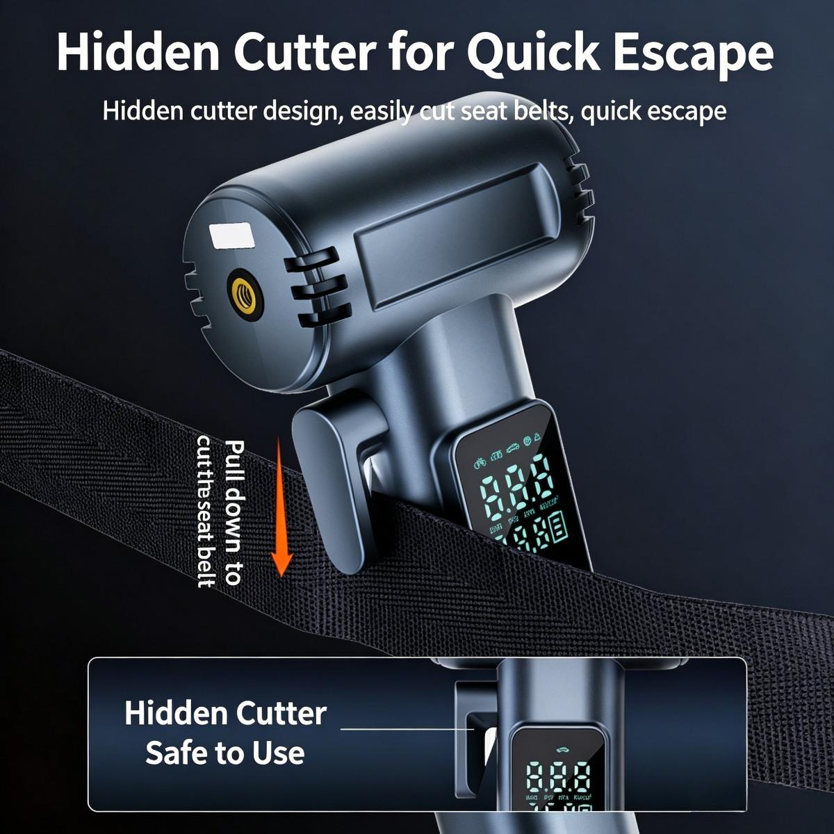 Portable Cordless Tire Inflator with Emergency Tools - 12V Wireless Car Air Pump, Digital Pressure Gauge, Power Bank, Safety Hammer & Seatbelt Cutter, Rechargeable Tire Pump for Cars, Bikes, SUVs Reusable Portable Cordless Tire Inflator with Emergency Tools - 12V Wireless Car Air Pump, Digital Pressure Gauge, Power Bank, Safety Hammer & Seatbelt Cutter, Rechargeable Tire Pump for Cars, Bikes, SUVs Reusable